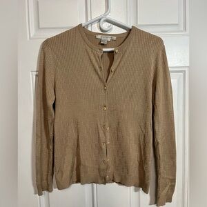 100% Silk Cardigan Sweater Small Beige Ribbed Button Front Classic